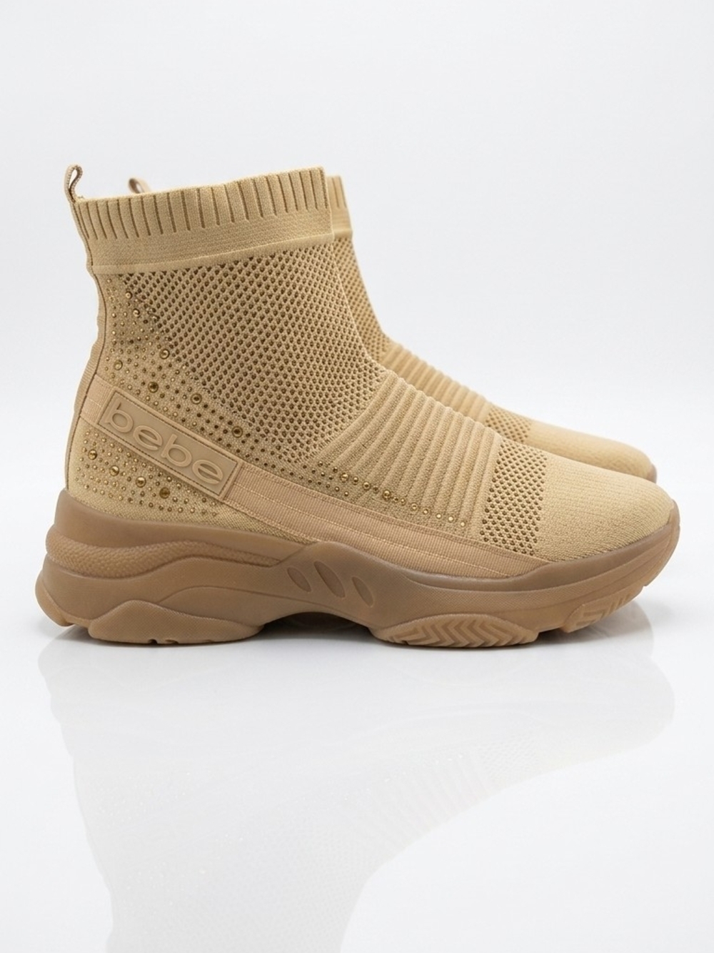 bebe Beige Knit Slip-On High-Top Sneakers with Stud Accents Size 10